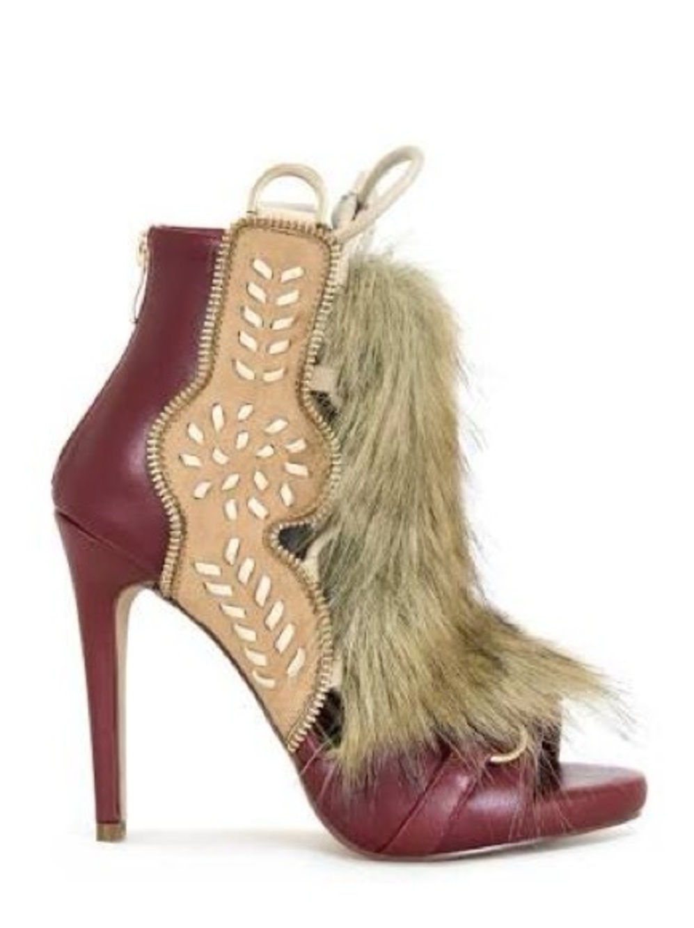 AKIRA Red and Tan Fur-Trim Lace-Up Stiletto Booties - Picture 4 of 16